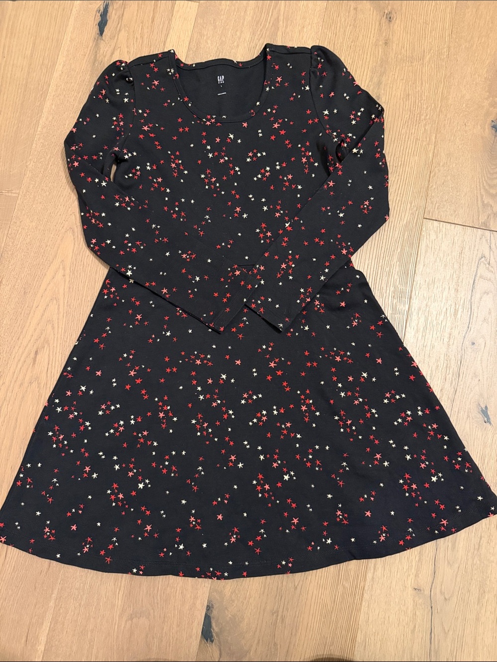 GAP Kids Black Long Sleeve Dress with Red and Gold Star Print